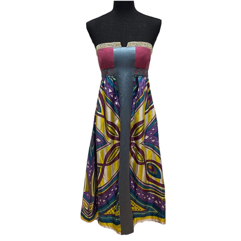 Nicole Miller Silk Multicolored Mixed Print Empire Waist Strapless Dress - SZ 6